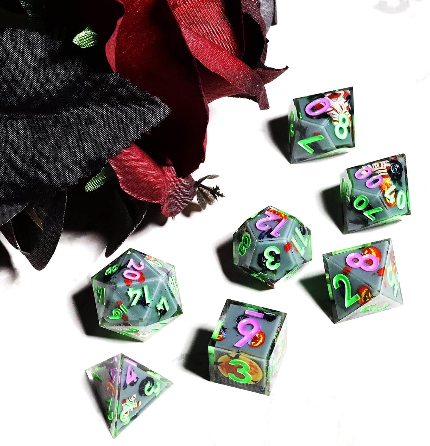 Pumpkin Glow Sharp Edge Resin Polyhedral 7-Piece D&D Dice Set - Image 7