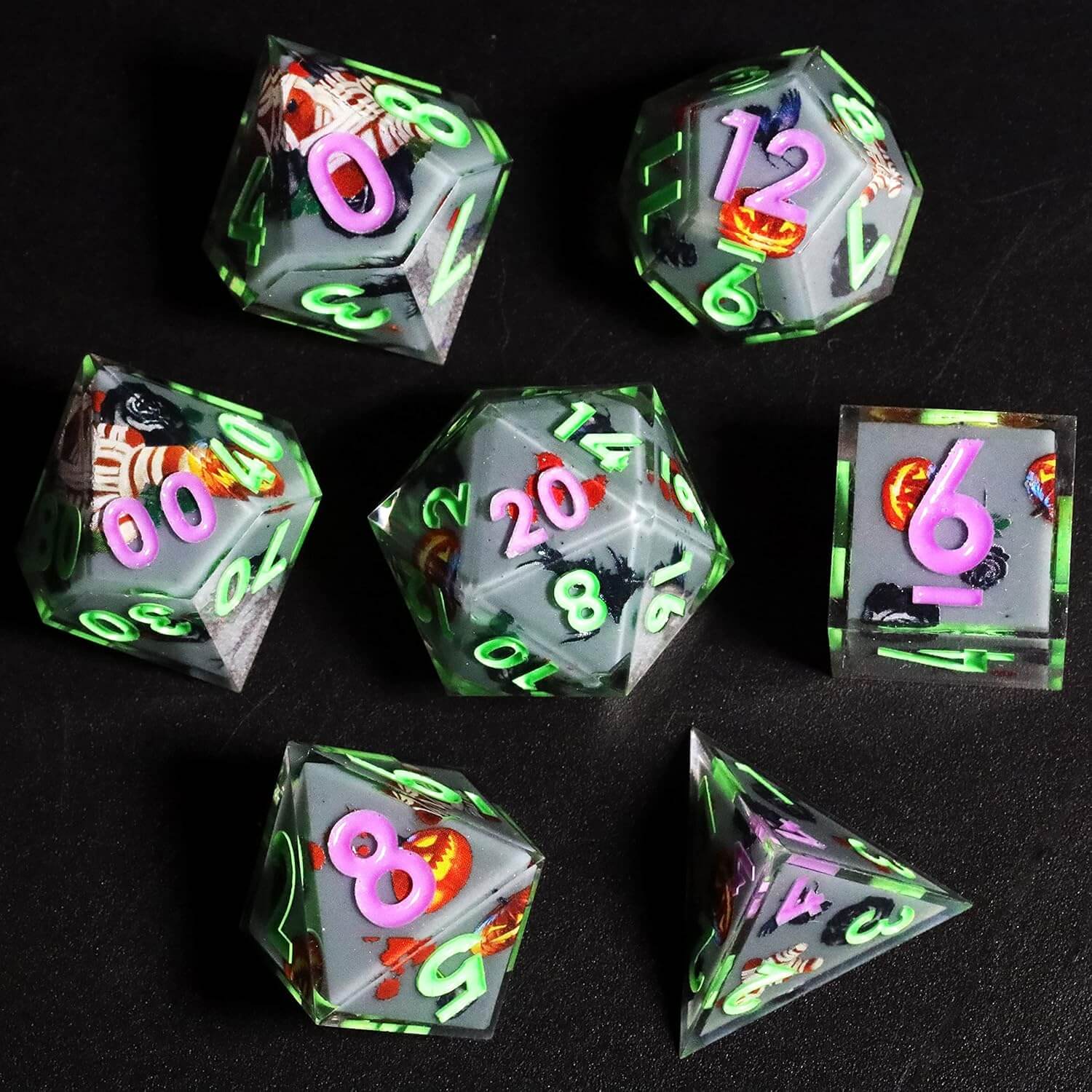 Pumpkin Glow Sharp Edge Resin Polyhedral 7-Piece D&D Dice Set - Image 8