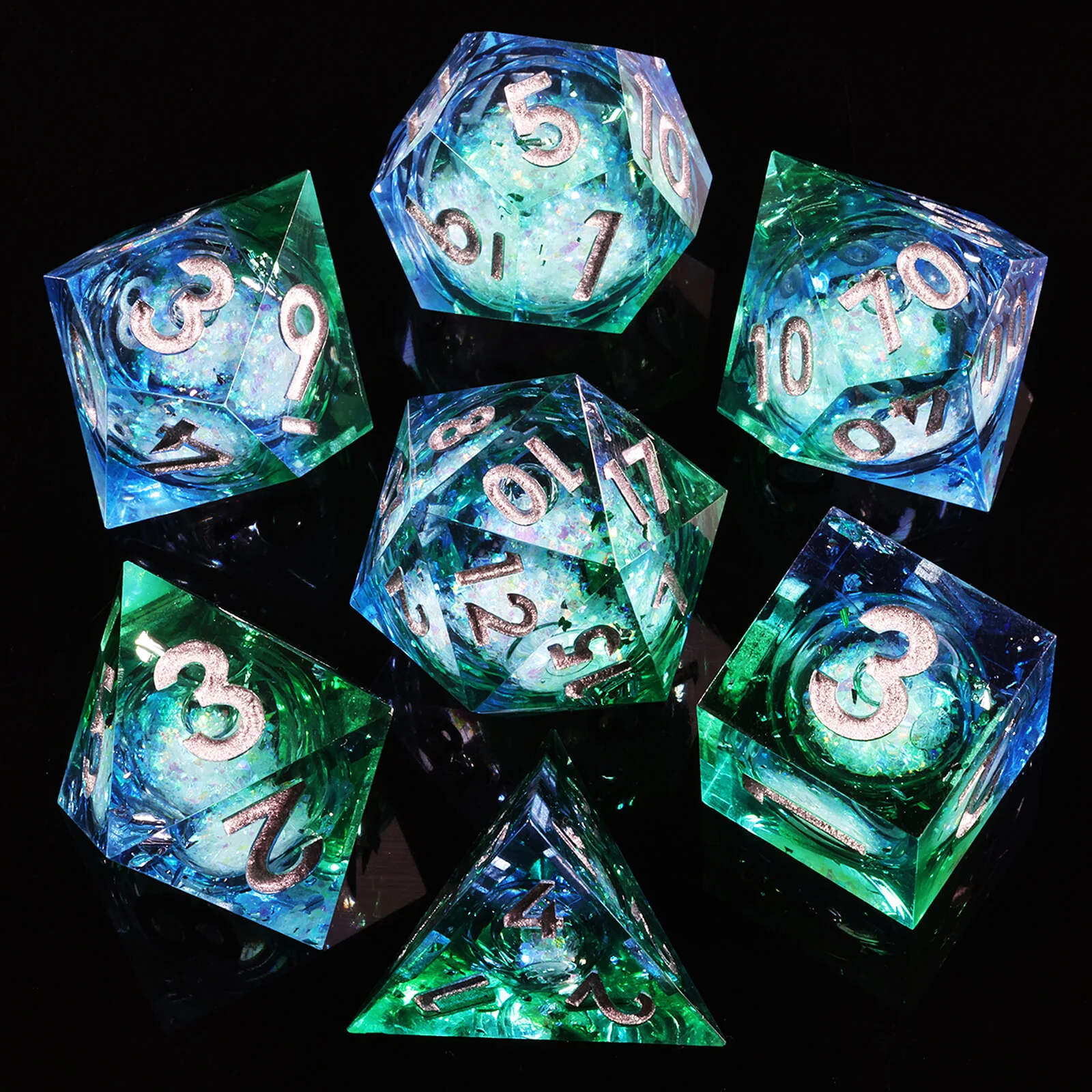 RPG Resin Polyhedral 7 Liquid Core Dice Set DnD - Emerald Garden - Image 12