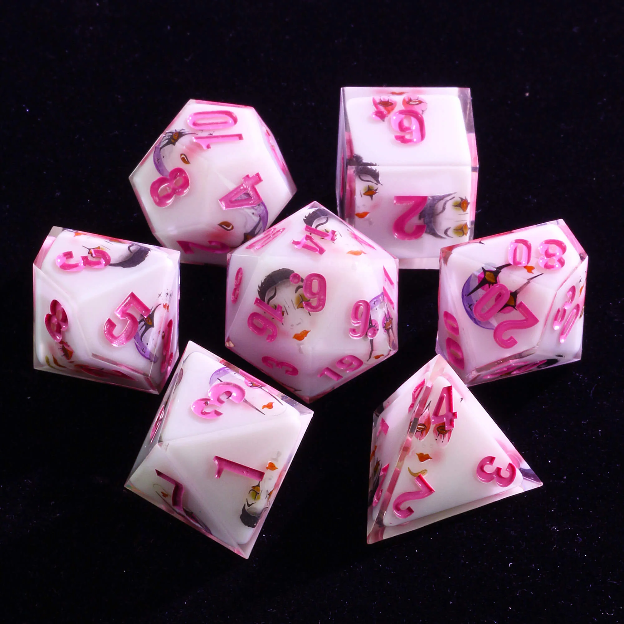 Unusual 7 Polyhedral Resin Dice Set D and D Clown White - Image 2